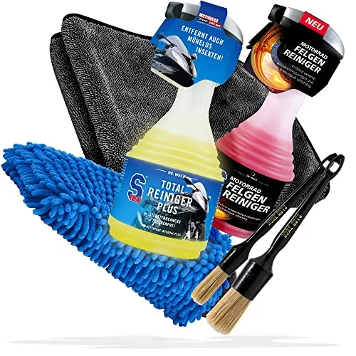 Motorrad Reinigung & Trocknen Bundle - Dr. Wack S100 Total Reiniger 0,75L + S100 Felgenreiniger, 0,5L + detailmate Trockentuch, schlierenfrei + 2X Pinsel + Waschhandschuh