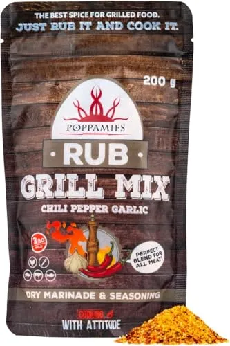 Poppamies Grill Mix BBQ Rub - 100% natürliches BBQ-Gewürz - Chili-Pfeffer-Knoblauch-Gewürzmischung - Perfekt für gegrilltes Essen! Rind, Schwein, Fisch, Gemüse, Huhn - Große Packung (200g)