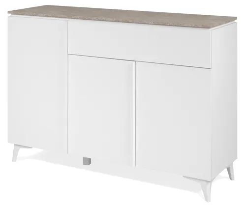 Kommode Dimarro, weiß - Stilvolle Aufbewahrungslösung - Kommode Dimarro in elegantem Weiß, Maße: 133x92x40 cm, mit melaminbeschichteter Deckplatte in Sandstein-Optik. Ideal für ein modernes Zuhause und bietet viel Stauraum.