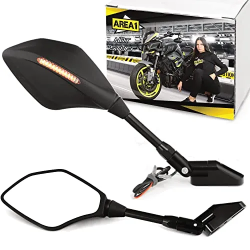 Area1 Motorradspiegel Set e- mit Blinkern - Motorradzubehör mit E-geprüften LED-Spiegeln für BMW, Yamaha, Honda und Kawasaki. Integrierte, schmale Blinker sorgen für Sicherheit und stylisches Design.
