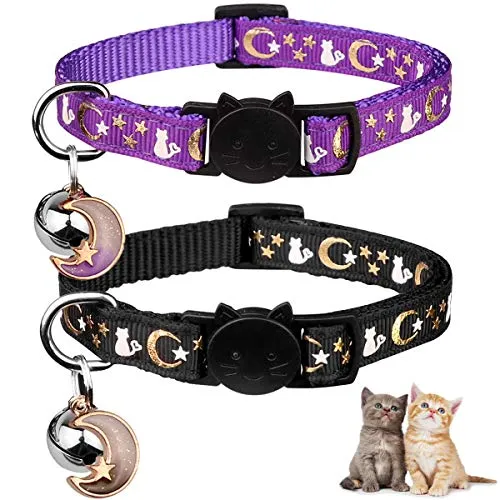 Katzenhalsbänder mit Glocke, Mond und Sternen, niedliches Kätzchen, verstellbar, sicher, mit Anhänger, leuchtet im Dunkeln, 2 Stück (Schwarz und Lila)