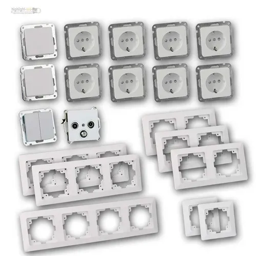 MILOS Set 20-teilig Steckdosen und Schalter Unterputz-Rahmen weiß matt - Umfangreiches Set für individuelle Elektroinstallationen, inklusive Steckdosen und Schaltern in modernem Design für eine einfache und flexible Montage.
