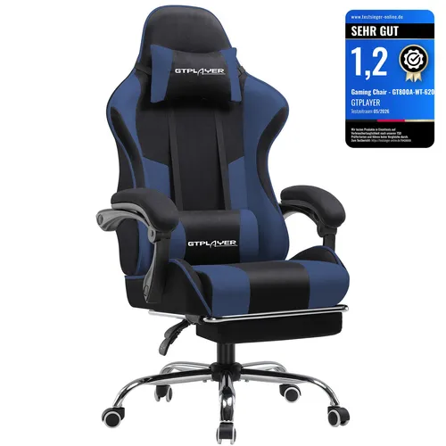 GTPLAYER Bürostuhl - Ergonomischer Gaming Stuhl mit Fußstütze und Lendenkissen, Blau - Bürostuhl mit ergonomischem Design, Kopfstütze und USB-Lendenkissen für optimale Entspannung beim Spielen oder Arbeiten.