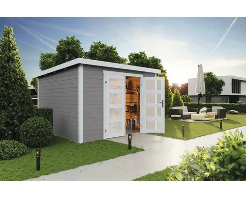Gartenhaus Blockhaus Pultdach 28 mm Zambezi 6 grau 300x250 cm