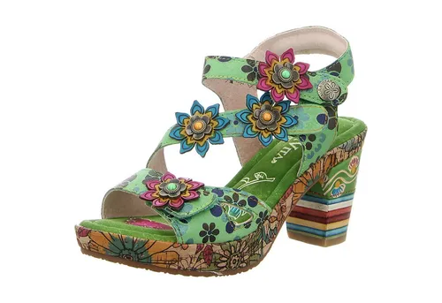 Laura Vita Damen Sandalette NELLAO 33 mit Kork Plateau und Blockabsatz, Größe: 38 EU, Farbe: Grün - ELEGANTES DESIGN: Die Damen Sandaletten von Laura Vita kombinieren florale Details und lebendige Farben. Hochwertige Materialien garantieren Langlebigkeit und Komfort. Ideal für jeden Sommeranlass, ob im Büro oder beim Stadtbummel.