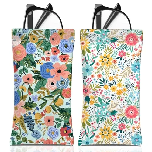 BHAHB 2 Stück Weich Brillenetui,Brillen Sonnenbrille PU Leder Niedlich Weiches Brillenetui,Squeeze Weiches Leder mit Reinigungstuch Nett für Frauen Männer Mädchen (A2-Blumen)