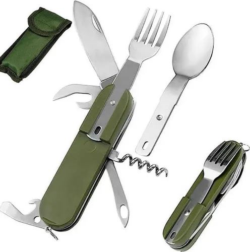 in 1 Campingbesteck klappbar - Reise Besteck - Klappbesteck für Unterwegs - Outdoor Besteckset mit Gürteltasche - Camping Essbesteck in Army Grün - Survival Essbesteck 7
