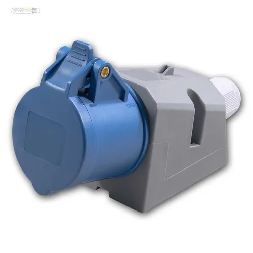 CEE Wandsteckdose 3-polig, 16A/250V, IP44, blau/grau, Steckdose mit Klappdeckel
