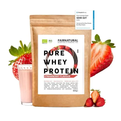 Fairnatural Whey Erdbeere bio - Bio Proteinpulver für Sportnahrung, cremige Konsistenz und natürlicher Erdbeergeschmack, unterstützt Low Carb Diäten und eiweißreiche Ernährung ohne chemische Zusatzstoffe.