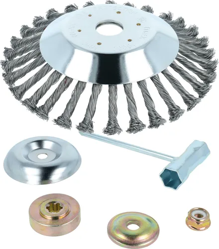 vhbw Metall-Unkrautbürste kompatibel mit Kawasaki KBH27, 48, 43, 34 Gartengerät, Freischneider - Mit Zubehör-Set