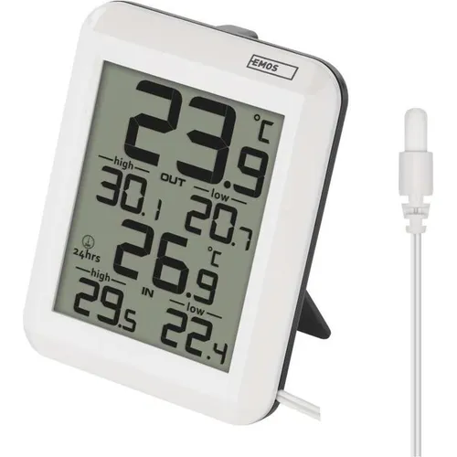 Produktbild EMOS Digitales Thermometer, Außenthermometer/Innenthermometer mit 0,9 m Kabelsensor und 24 h Memory-Funktion, °C/°F, batteriebetrieben
