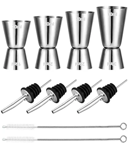 Cocktail Messbecher,Edelstahl Barmaß 3cl/4cl/5cl/6cl,cocktail zubehör | 4 Stück Dual Gin Messbecher mit 4 Flaschenausgießern & 2 Pinseln,Doppelmaß Bar Messbecher Cup Set für Bar Party Wein Drink