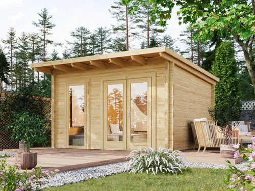 Fjordholz Gartenhaus Modell Berlin 70 C Modern - Modernes Pultdach Gartenhaus mit 70mm starken Wandbohlen aus nordischer Fichte. Robuste Konstruktion für hohe Schnee- und Windlasten. Inklusive hochwertiger Doppeltür und bodentiefem Fenster. Optional erhältlich: Dacheindeckung und Fußboden.
