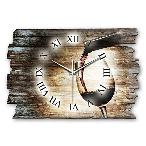 Kreative Feder Designer Wanduhr „Wein“ aus Holz 40x27cm im Shabby Style Design - Designeruhr mit flüsterleisem Uhrwerk ohne Ticken (Wein, leises Funkuhrwerk)