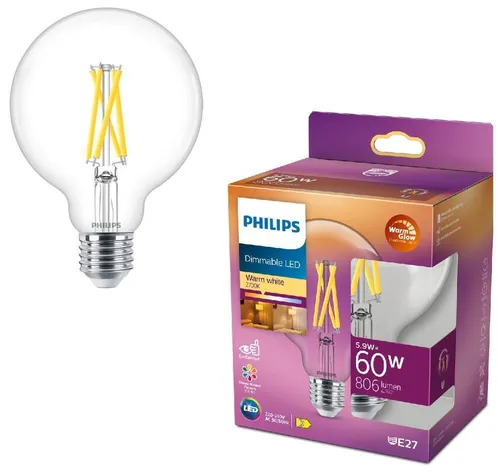 PHILIPS E27 LED Globe G93 5,9W wie 60W  WarmGlow Dimmbar 2700K-2200K CRI90 warmw