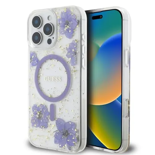 CG MOBILE Guess Resin Flowers Glitter Hülle für iPhone 16 Pro Max (Lila)
