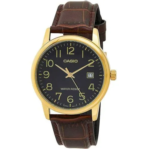 Casio Men's Standard Analog Gold Tone Leather Band Day Date Watch - Armbanduhren für Männer, stilvolle Quarz-Uhr mit braunem Lederarmband und 30m Wasserbeständigkeit – ideal für den Alltag und Geschäftstermine.