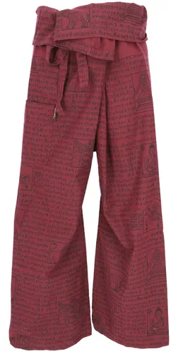 Thai Fischerhose mit Mantra Druck - Hosen im Ethno Style aus 100% Baumwolle, fair gehandelt in Nepal, ideal für Yoga und Freizeit, bequem und weit geschnitten.