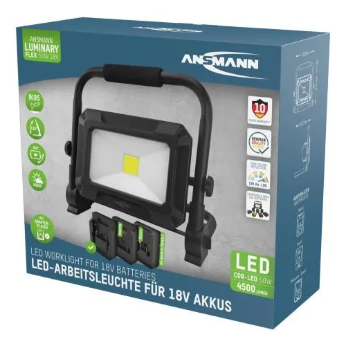ANSMANN Arbeitsstrahler FL50 W 18 V – LED Baustrahler für 18V Powertool-Akkus mit 4500 Lumen