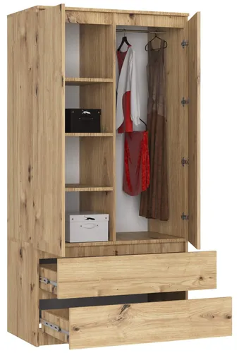 Kleiderschrank S90 90cm mit 2 Türen und 2 Schubladen - Der praktische Kleiderschrank S90 bietet durch seine intelligente Innenaufteilung vielseitigen Stauraum für Kleidung und Accessoires. Ideal für kompakte Räume – stilvoll und funktional!
