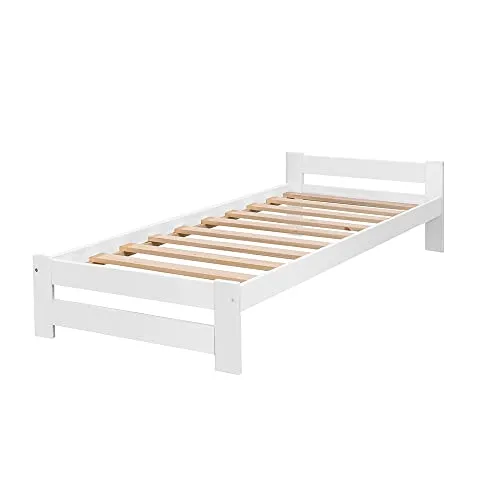 Bett Holzbett mit Lattenrost Weiß 90x200 cm Bettgestell Reko Massivholz Rollrost Bettrahmen Einzelbett Hotelbett