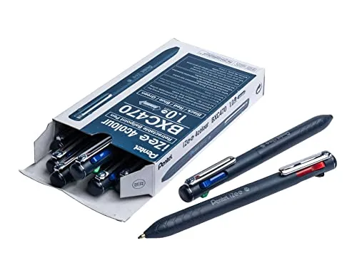 Pentel BXC470-DC 4-Farben-Kugelschreiber iZee, Farbauswahl (schwarz/rot/blau/grün) über seitliche Drücker in Schreibfarbe, 0,5 mm Strichstärke, nachfüllbar, 12 Stück