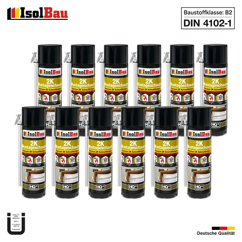 2K Bauschaum Montageschaum 12 x 400ml - Schnelles und effektives Dichten - Bauschaum für Innen- und Außenanwendungen, temperaturbeständig von -40°C bis 90°C und mit schneller Trocknung in nur 1 Stunde.