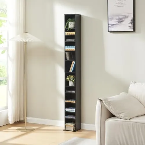 [en.casa] CD Regal Tynset DVD Regal mit 12 Ablagefächern CD Aufbewahrung 175 x 20 x 20 cm Standregal höhenverstellbare Regalböden Schwarz