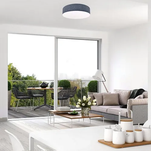 TRANGO LED Deckenleuchte, 3135L LED Deckenleuchte mit 38cm Ø Sternenhimmel Stoffschirm in *GRAU* rund inkl. 2x E27 LED Leuchtmittel 3000K warmweiß für Wohnzimmer - Schlafzimmer- Flur, Büro Deckenlampe - Schlafzimmerlampe – Bürolampe – Sternenhimmel