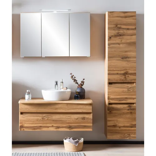 Badmöbel Set VIDAGO-03 mit Hochschrank und Spiegelschrank - Modernes Badmöbel Set in Eiche Wotan, inklusive LED-Beleuchtung und Softclose-Funktion. Ideal für stilvolle Badezimmer mit viel Stauraum.