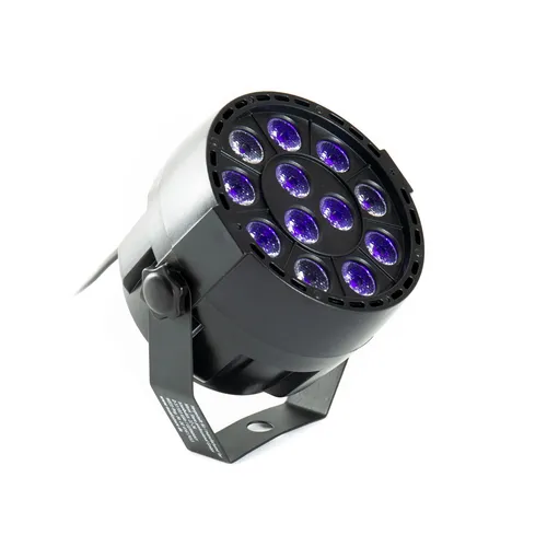 PURElight LED NANO PAR UV black 12×1W LED UV - UV LED PAR Scheinwerfer mit 12 x 1W LEDs, bietet beeindruckende Schwarzlicht-Effekte und ist ideal für Beleuchtungs- und Dekorationszwecke. Geräuschlos und vielseitig steuerbar über DMX, Musikmodus oder Automatik.