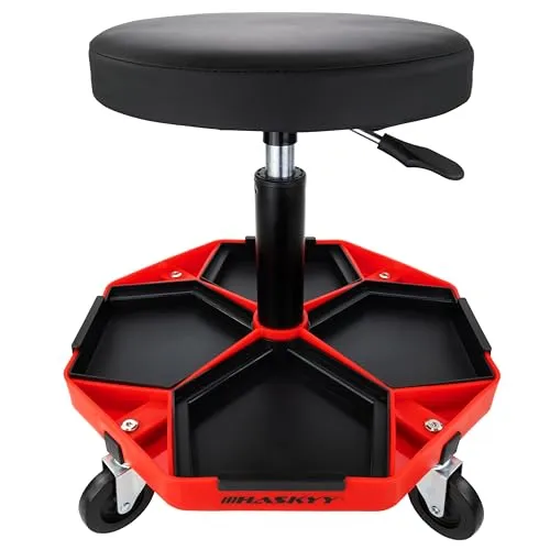 HASKYY Werkstatthocker Arbeitshocker Praxishocker 43-58cm - Bis 150kg belastbar - Gepolsterter Werkstattsitz mit 360° Rollen & Ablagefächern Schwarz/Rot