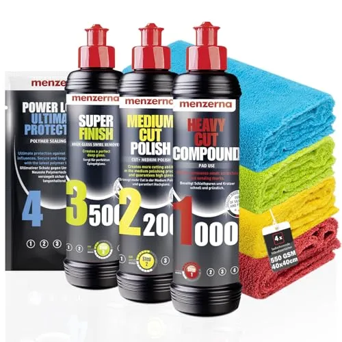 Menzerna Auto Polituren Set: Menzerna Heavy Cut Compound 1000 + Medium Cut Compound 2200 + Super Finish 3500 + Power Lock Ultra Protection Sachet + 4x Mikrofasertuch 40x40cm
