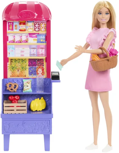 Barbie und Teresa Rezept für Freundschaft Spielset - Puppenset mit Barbie-Puppe und Marktstand, 11 Zubehörteilen für kreatives Rollenspiel und Einkaufsspaß für Kinder ab 3 Jahren.