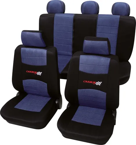 PETEX Auto Sitzbezüge Universal Komplett Set 11-teilig - Carbon Blau - Sitzbezüge für optimalen Schutz des Originalbezugs, TÜV-zertifiziert mit Sollreißnaht für Seitenairbags, ideal für verschiedene Fahrzeugmodelle.