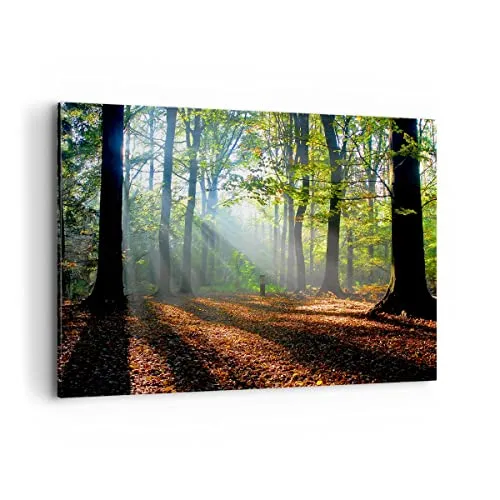 Bilder auf Leinwand 100x70cm Leinwandbild mit Rahmen Wald Blätter Sonne Groß Wanddeko Bild Schlafzimmer Küche Deko Wandbilder Dekoration Wohnzimmer Wall Decor Canvas Wand Kunstdruck Art AA100x70-0136