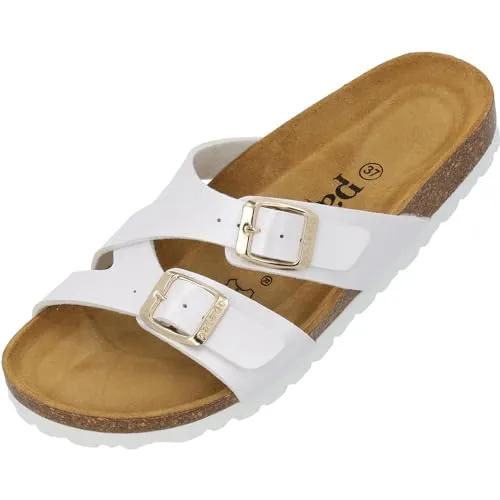 Palado Pantoletten Damen Arrila - bequeme Sandalen Made in Spain - Hausschuhe mit Kork-Fußbett - modische Sommerschuhe Weiß Metallic UK5,5 - EU38