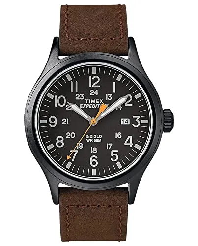 Timex Herren Quarz Uhr TW4B12500 - Armbanduhren für Herren mit mattschwarzer 40mm-Hülle und braunem Lederband, INDIGLO Beleuchtung für optimale Lesbarkeit bei Nacht und 50m wasserdicht – ideal für Freizeitaktivitäten.