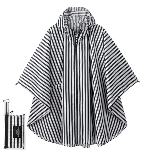 POWINSUN Modischer Regenponcho mit Kapuze, wasserdicht, mit Tasche für Damen/Herren/Erwachsene, Schwarz/weiße Streifen, 30