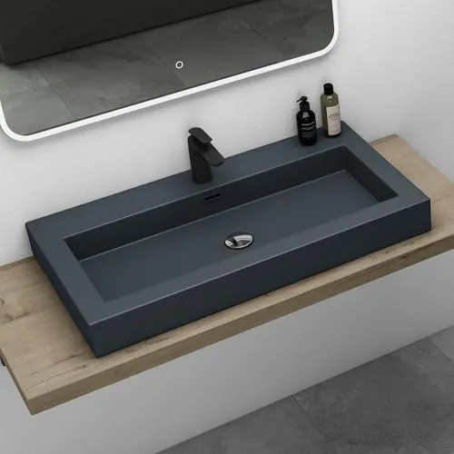 Mai & Mai Waschbecken Col18 - Hängewaschtisch & Aufsatzwaschbecken 90 cm - Waschplätze: Rechteckiges Waschbecken aus hochwertigem Mineralguss in elegantem Anthrazit matt, ideal für modernes Baddesign mit 1 Armaturenloch und Überlauffunktion.