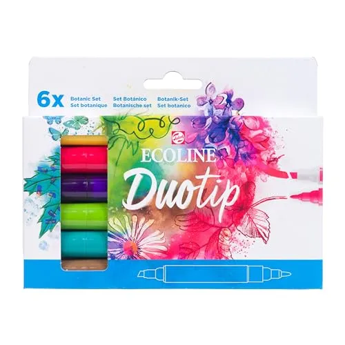 Ecoline Duotip flüssige Aquarellstifte 6er-Set – Botanische Farben | Stifte mit feiner Kugelspitze und breiter Keilspitze