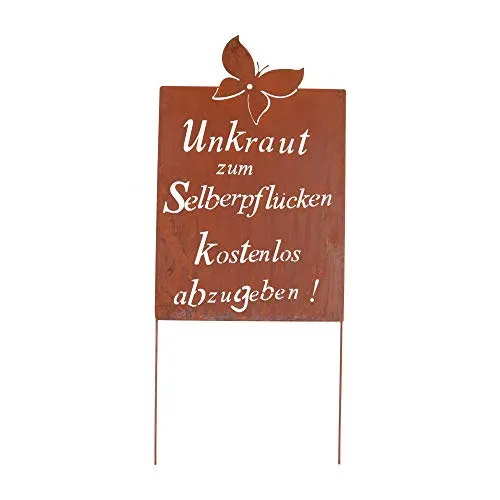 UNUS Gartendeko Gartenstecker aus Edelrost Metall mit Spruch Unkraut - Gartenstatuen - Wetterfester Gartenstecker aus hochwertigem Edelrost Metall, ideal für Garten, Terrasse und Balkon, mit modernem Design und einfacher Handhabung.