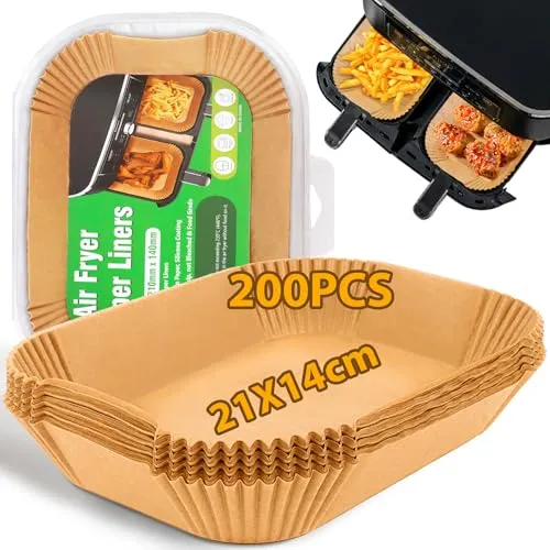 HUMTEOXI 200 Stück Backpapier für Heißluftfritteuse mit Doppelkammer, 21x14cm Antihaft Wasserdicht Ölfest Airfryer Backpapier passend für Ninja Doppel/Doppelzonen-Luftfritteusen