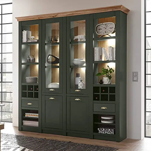 Lomadox Landhaus Buffetschrank in Englisch Grün - Eleganter Buffetschrank im Landhausstil mit LED-Beleuchtung und robusten Oberflächen. Ideal für eine stilvolle Küchen- oder Wohnzimmereinrichtung.