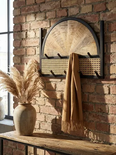 KADIMA DESIGN Wandgarderobe Wandgarderobe Mango Massivholz / Rattan 53x40x7,5 cm Design (Garderobe Wand, Garderobenleiste Flur), Flurgarderobe, Hakenleiste Wiener Geflecht, Wandpaneel Metall