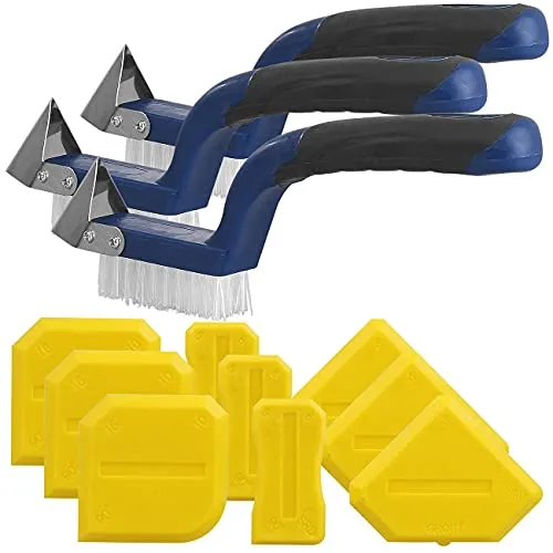 AGT Fugenmesser Silikon: 3er-Set 5in1-Fugenwerkzeug, Fugenmesser, Fugenbürste & Fugenglättern (Fugenkratzer Silikon, Fliesen, Kratzer Entferner)