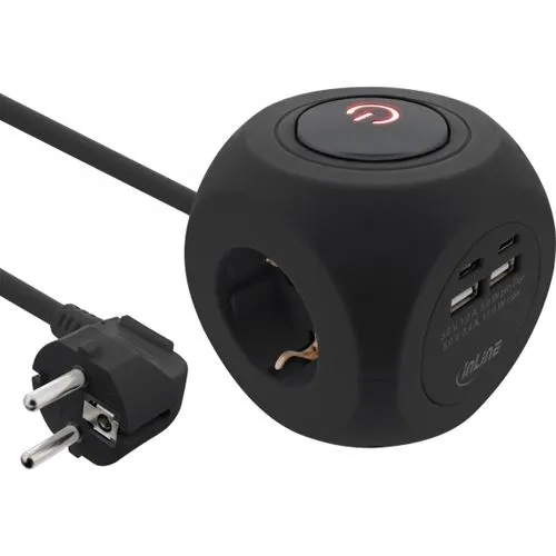 InLine Charging Cube - 7-in-1 Steckdosenwürfel mit 3x Schutzkontakt, 2x USB-C und 2x USB-A, ideal für gleichzeitiges Laden, schwarz, 2m Kabel