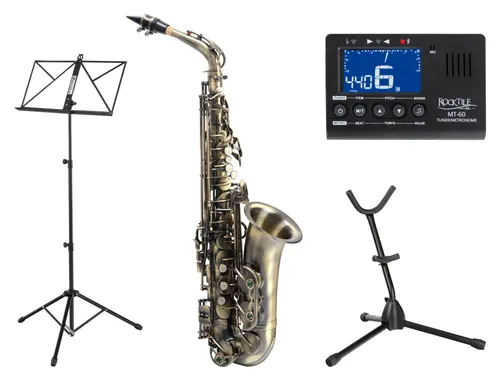 Classic Cantabile Winds AS-450 Antique Yellow Altsaxophon Set - Holzblasinstrumente, Antique Yellow Vintage Lackierung für einen einzigartigen Look, inkl. Metro-Tuner, Ständer und Notenständer für sofortigen Spielspaß.