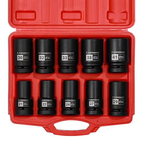 CASOMAN 10 Stück 1-Zoll-Schlag-Steckschlüssel-Set, metrisch, CR-MO, 21,22,24,27,29,30,32,33,38,41 mm, tiefe Spindelachsmutter, Schlag-Steckschlüssel-Set