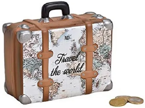 Wurm Spardose Spardose Sparschwein Sparbüchse Koffer Travel the world 14x13x6 cm